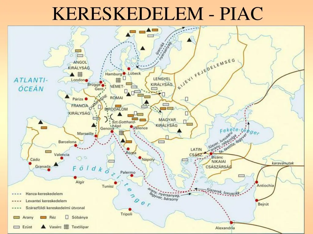 Európa két nagy kereskedelmi útvonalának (levantei és Hanza) térképe a középkorban